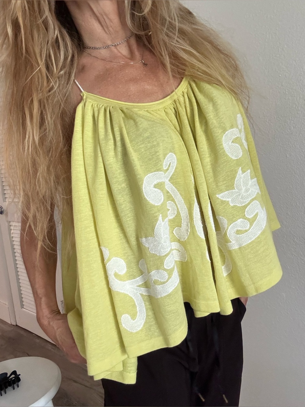 Free People Yellowish Off-Shoulder Baggy Boho Crop Top with White Print L